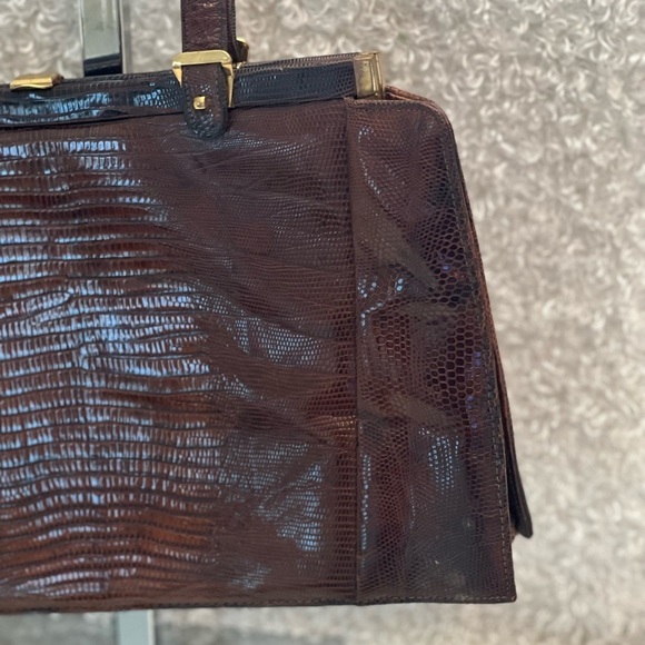 VINTAGE ESCORT BAG GENUINE LIZARD BROWN STRUCTURED FRAME HANDBAG SATCHEL VTG - Picture 3 of 16